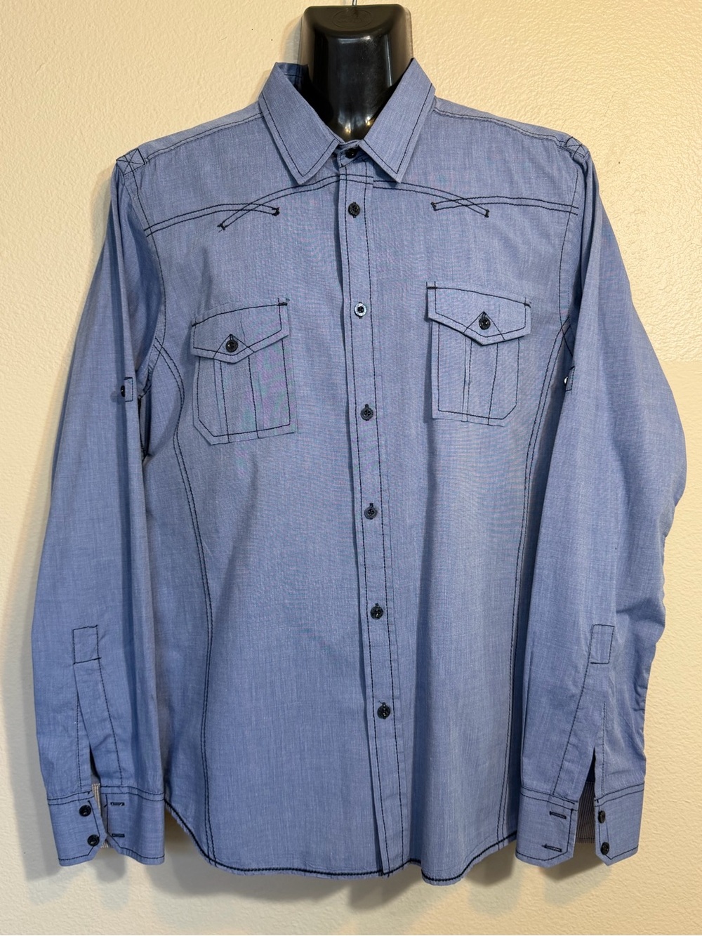 Helix Retro Western Men's Long-Sleeve Blue Button-Up Shirt 100% cotton
